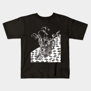 White outline on a black background. Still life with flowers. Kids T-Shirt